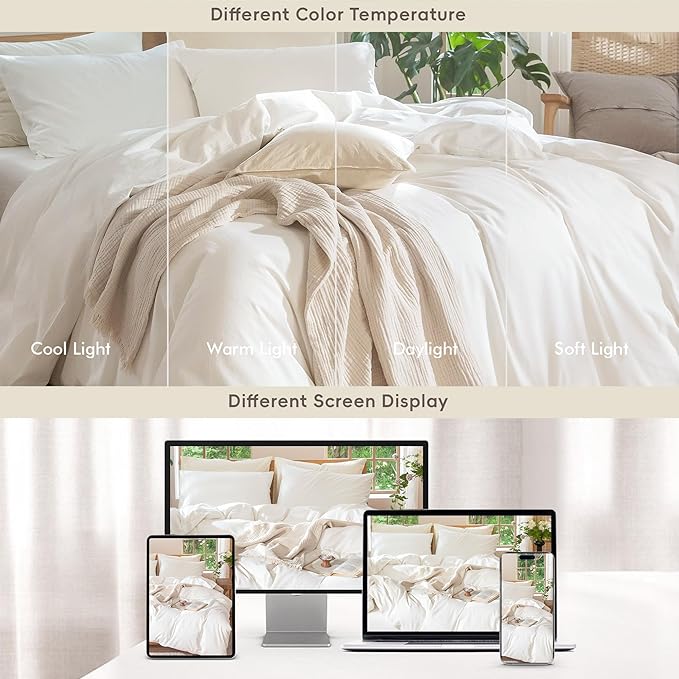 MooMee Bedding Duvet Cover Set 100% Washed Cotton Linen Like Textured Breathable Durable Soft Comfy (Solid Off White, Full 80"x90")