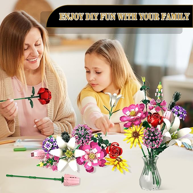 Flower Building Kit, 699 PCS Eternal Flower Bouquet with Peony, Rose, Sunflower, Lily & More, DIY Floral Arrangement Set for Home Decor, Gift for Christmas Day, Building Blocks for Adults & Kids