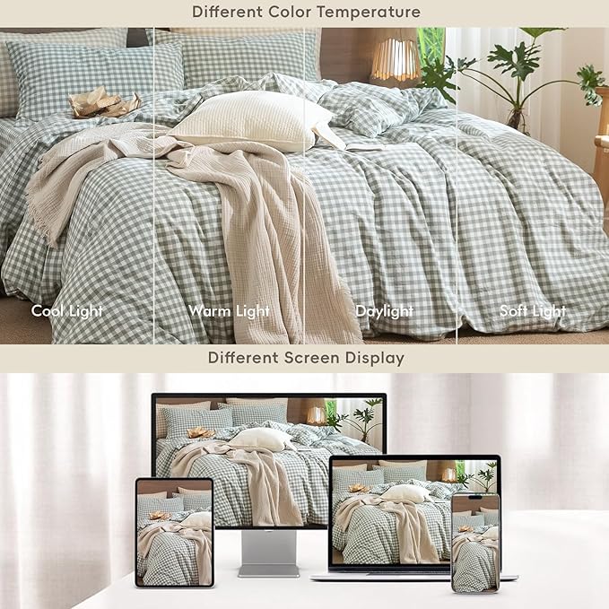 MooMee Gingham Duvet Cover Set 100% Washed Cotton Linen Like Textured Breathable Durable Soft Comfy Modern Checkered Design (Sage Green Gingham, Super Queen 90"x98")