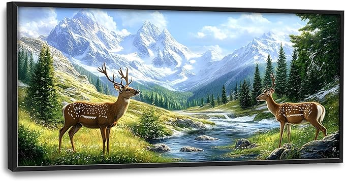 Mountain Forests Deer Large Wall Art Framed Farmhouse Wall Decor for Living Room Rustic Elk Pictures Oversized Canvas Print Painting Modern Extra Large Framed Artwork for Bedroom Office 60"x30"