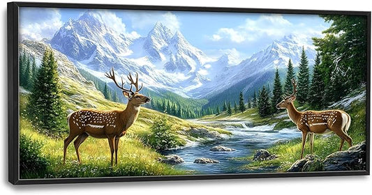 Mountain Forests Deer Large Wall Art Framed Farmhouse Wall Decor for Living Room Rustic Elk Pictures Oversized Canvas Print Painting Modern Extra Large Framed Artwork for Bedroom Office 60"x30"