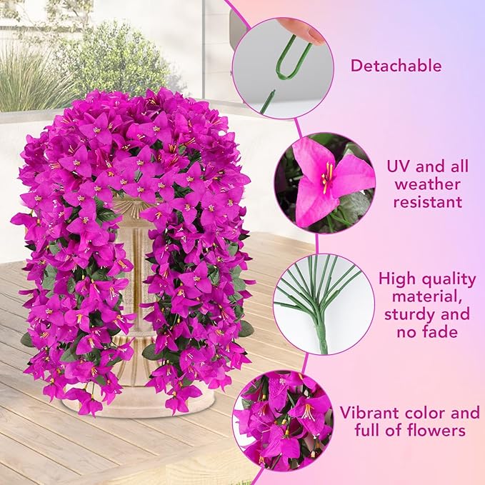 Artificial Bougainvillea Flowers for Outdoor Plant,12 pcs Faux Hanging Flowers Bougainvillea for Outside Decoration,Fake Silk UV Resistant Vines for Front Door Porch(Fuchsia)