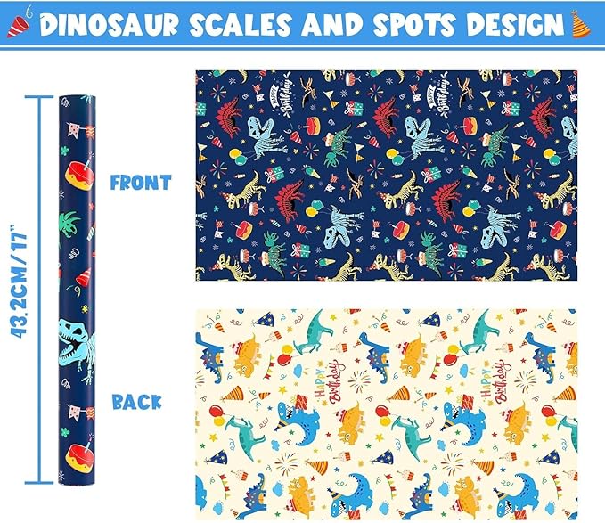 WERNNSAI Dinosaur Reversible Wrapping Paper Roll - 1 Roll 17”x 9.84 ft Happy Birthday Dinosaur Wrapping Paper for Boys Birthday Gift Packing Supply Baby Dino Decor Favor