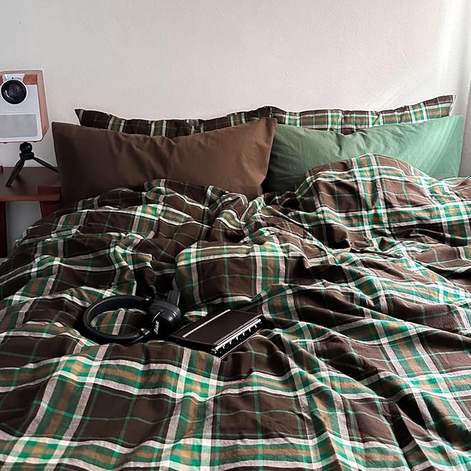 LifeTB Brown Green Plaid Comforter Set King Size, 3 Pieces Grid Gingham Bedding Comforter with 2 Pillowcases, Fluffy Soft Farmhouse Grid Bedding Vintage Plaid Checkered Comforter Set for All Seasons