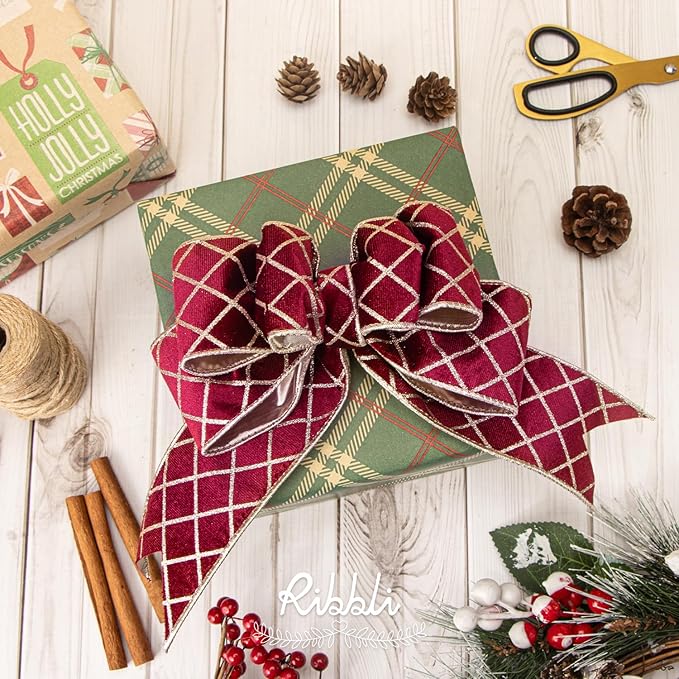 Ribbli Burgundy Velvet Ribbon Wired with Glitter Diamond Grid 2-1/2 Inch Christmas Ribbon for Christmas Tree Decoration Big Bow Gift Wrapping Crafts Wreaths Garland Supplies - 10 Yards