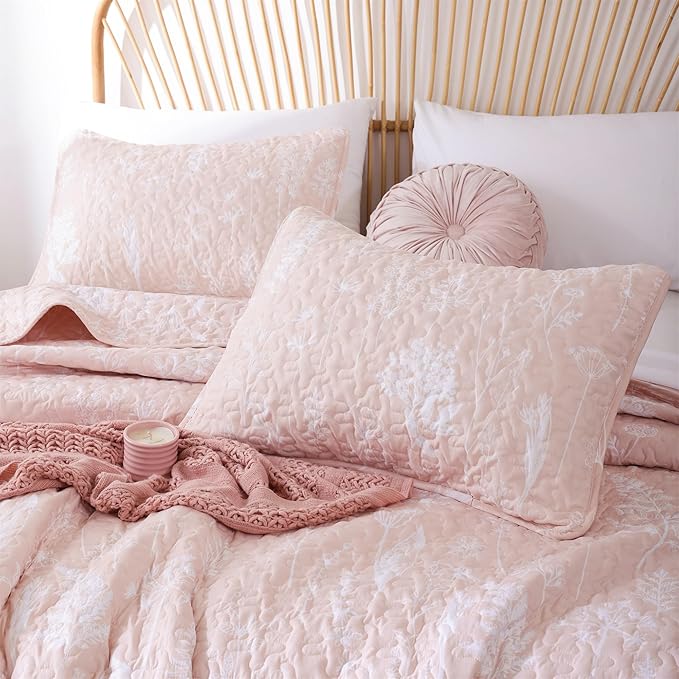 JANZAA Quilt King Size Blush Quilt Botanical with Floral Pattern Microfiber Bedspreads King Size 3 Pieces Lightweight Comforter Reversible Bedding Set with 2 Pillowcases