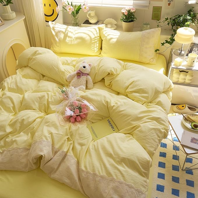 LifeTB Yellow Gingham Duvet Cover Twin XL 3 Pieces Romantic Lace Comforter Cover Super Soft Cream Yellow Grid Duvet Cover Farmhouse Plaid Checkered Comforter Cover Grid Gingham Bedding Set