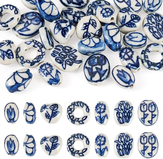 Beadthoven 28Pcs 7 Styles Flower Printed Porcelain Beads Blue White Handmade Ceramic Beads Vintage Floral Oval Barrel Heart Donut Shaped Spacers for DIY Jewelry Making Bracelets Necklace Beading Kit