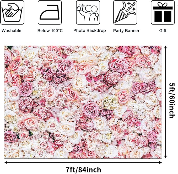 Avezano Floral Backdrop for Party Photoshoot Pink Rose Flowers Wedding Birthday Valentine's Day Bridal Shower Simulation Printing Flower Wall Decorations Photography Background for Picture (7x5ft)