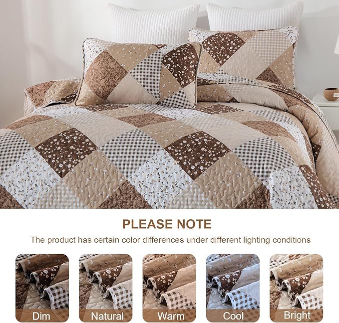 Dinjoy Brown Quilt Set Queen Size, Reversible Floral Plaid Patchwork Pattern Bedding Set Soft Microfiber Lightweight Bedspread Coverlet 3 Piece Spring Summer Use (90x96 inches)