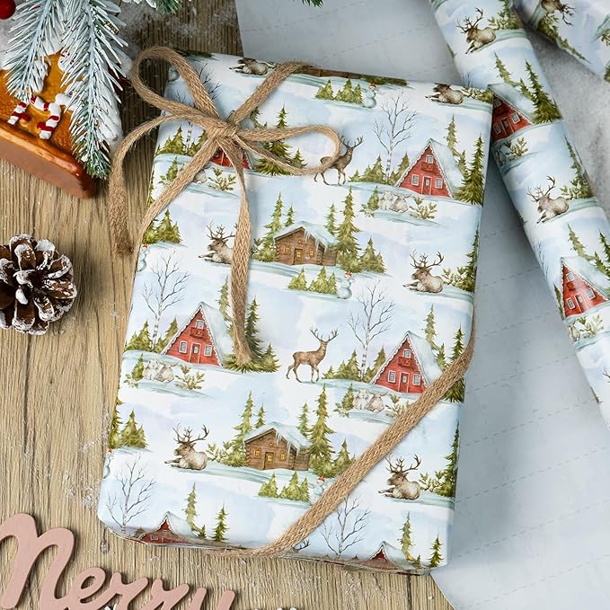 MAYPLUSS Christmas Wrapping Paper Roll - 17 In x 33 Feet - Cute Watercolor Christmas Tree Reindeer Log Cabin Gift Wrap Paper for New Year, Holiday, Kids