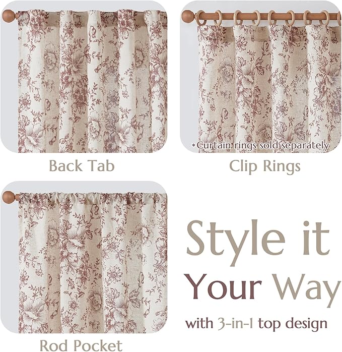 jinchan Linen Blend Curtain Floral Curtains for Living Room 96 Inch Length Christmas Brick Red Printed Curtain Rod Pocket Back Tab Farmhouse Peony Flower Patterned Drapes Curtains Set 2 Panels