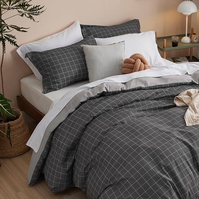 Bedsure Duvet Cover Twin Size - Reversible Plaid Duvet Cover Set with Zipper Closure, 2 Pieces Dark Grey Bedding Set with 8 Corner Ties and 1 Pillow Sham 20"x26"