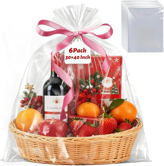 6 Pack Large Cellophane Bags for Gift Baskets 30×40 Inch – 2.8 Mil Thick Clear Cellophane Wrap for Christmas Gift Baskets, Holiday Parties, Birthdays & Weddings – Durable Plastic Clear Gift Bags
