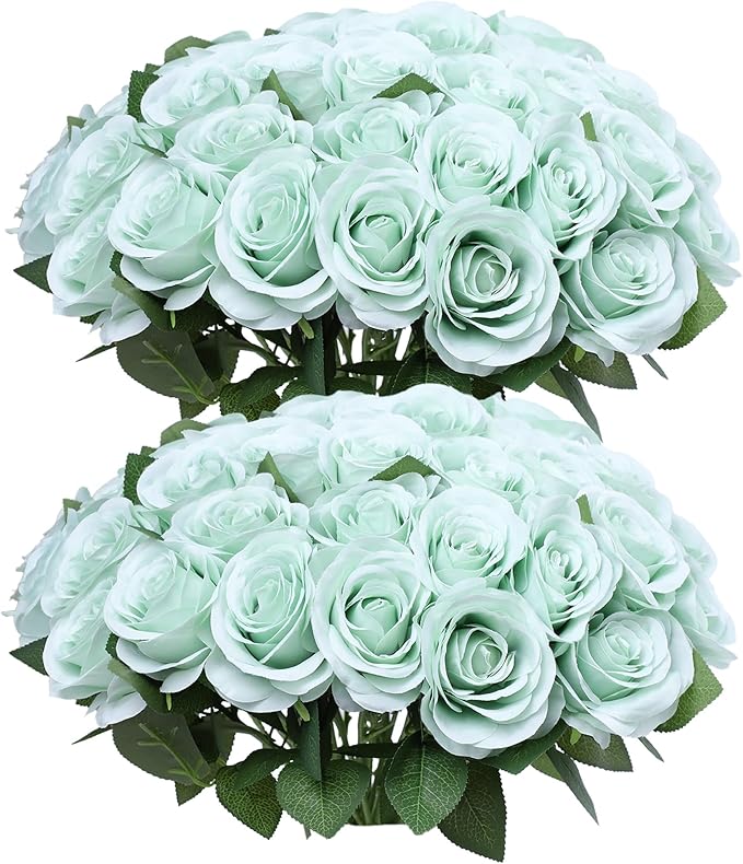 52pcs Sage Green Roses Artificial Flowers Sage Green Fake Flowers Silk Roses with Stems for DIY Wedding Bouquets Bridal Shower Centerpieces Arrangements Party Decorations