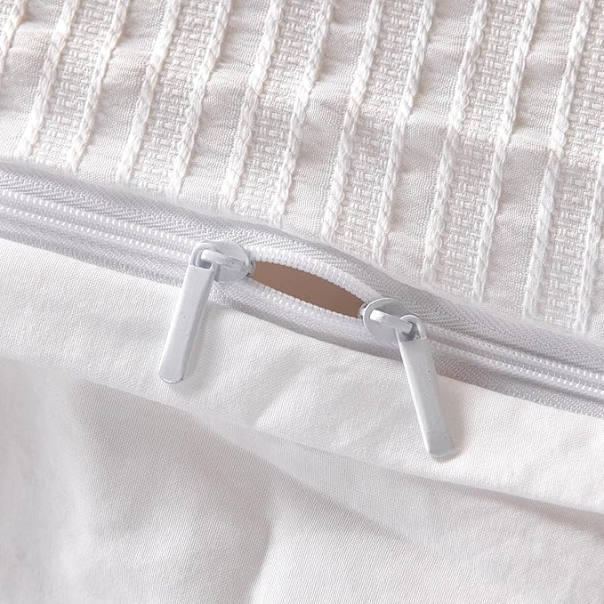 Queen Duvet Cover Striped White - Soft Luxury Washed Jacquard Microfiber 3 Pieces Bedding Set for All-Season with Zipper Closure & Corner Ties, Lightweight Comfort Breathable (No Comforter)