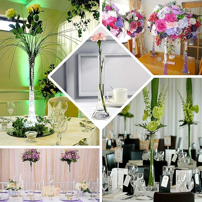 Efavormart 6 Pack Clear Heavy Duty Eiffel Tower Glass Vases with Round Base, Tall Skinny Flower Bud Vase Centerpieces - 20"