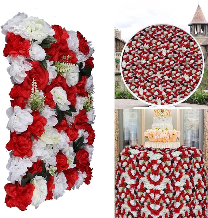 12PCS Flower Wall Panels, 3D Silk Floral Wall Backdrop, Realistic Red Rose Flower Backplanes, Roll Up Fake Flower Background for Valentines Wedding Party Home Decoration