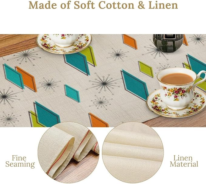 Mid Century Table Runner, Modern Atomic Pattern Absctract Geometric Retro Dinner Runner for Home Kitchen Dining Table Decoration, 13x60 Inch