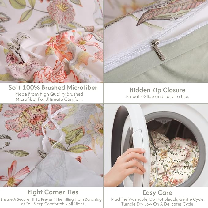 LONAVA King Floral 3 Pcs Duvet Cover Set, Breathable Soft Microfiber Glass Green Lining Comforter Cover with Zipper Closure, and 2 Anti-Pilling, Fade Resistant Pillowcases, Fall Floral