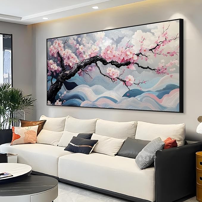 Japanese Cherry Blossom Canvas Wall Art, Sakura Tree Canvas Print, Pink Floral Pictures, Cherry Blossom Tree Wall Art, Flower Branch Decor, Nature Prints for Living Room (Black Framed, 62"x31" | 160x80cm)