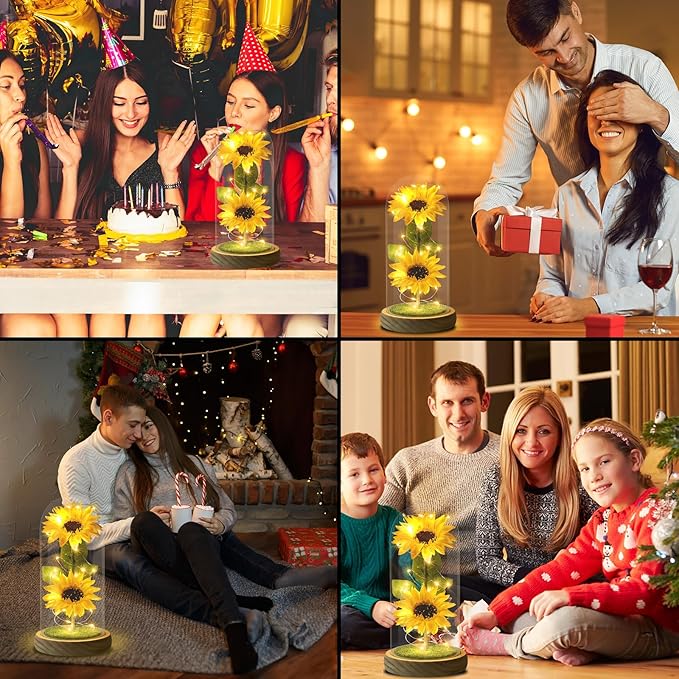 Christmas Sunflower Gifts for Women Mom Grandma, Enchanted LED Sunflower Lamp, Unique Artificial Flowers in Glass Dome, Present for Christmas,Birthday, Anniversary, Wedding,Mother's Day