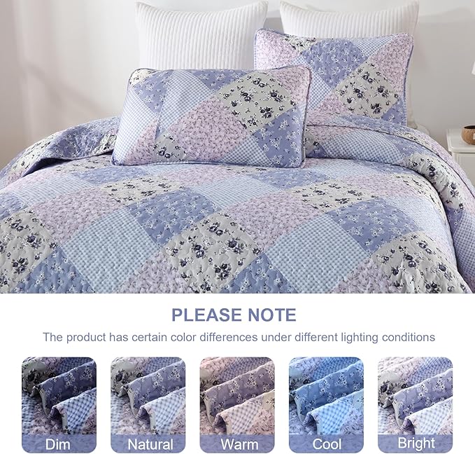 Dinjoy Floral Plaid Patchwork Quilt Set King Size, Reversible Lavender Bedding Set Soft Microfiber Lightweight Bedspread Coverlet 3 Piece Fall Autumn Summer Use (110x90 inches)