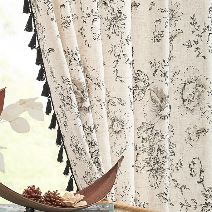 JINCHAN Linen Blend Floral Curtains for Living Room & Bedroom - 63 Inch Length Printed Curtains with Tassels & Rod Pocket - Farmhouse Rustic Peony Flower Patterned Drapes - Set of 2 Panels