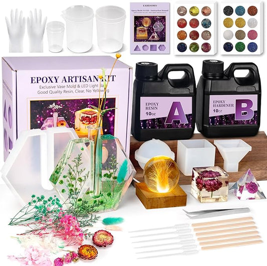K KERNOWO Epoxy Resin Kit with Light for Beginners, Resin Kit and Molds Complete Set DIY Crafts for Adults Women, Epoxy Set with Vase Mold, 3D Dried Flowers, Measuring Cups and Resins Supplies-20OZ