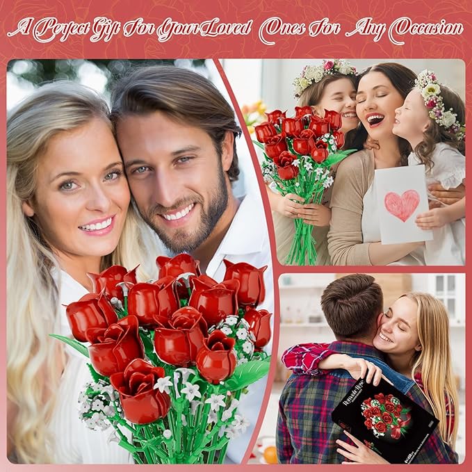 Flowers Bouquet Building Sets for Adults, for Her and Him Mother's Day Valentines Birthdays Gift, Botanical Collection DIY Rose Toy Kit, Home Office Decor