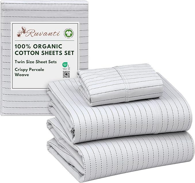 RUVANTI 100% Organic Cotton Sheets Twin Size, Percale Weave, GOTS Certified, 3-Piece Set, Deep Pocket 15", Crisp & Breathable, Soft Durable Bedding, Sábanas Algodón Orgánico – Construction Line