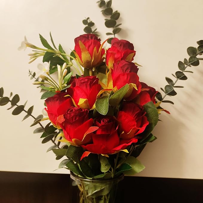 Artificial Roses 10 Pcs - Lifelike Single Stem Fake Roses with Natural Petal Texture,Fade-Resistant Silk Flowers for Wedding Decor,Home Vase Arrangements,Party Centerpieces(10, Red)