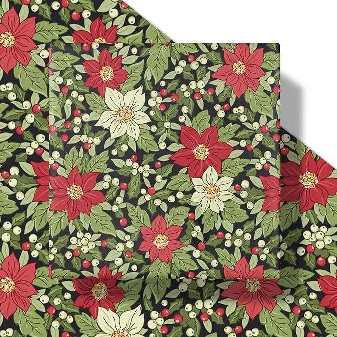 LeZakaa Vintage Christmas Floral Wrapping Paper Roll, Red White Poinsettia Flowers Leaves Classic Design, for Christmas, Winter Holiday, Family, Friends, Gift Wrapping, Mini Roll 17 in x 16.4 Ft