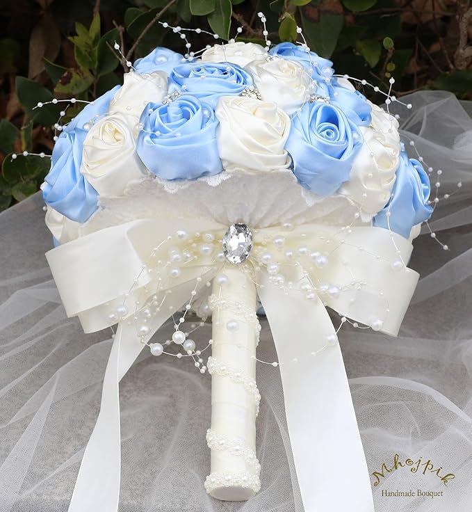 Bridal Wedding Bouquet Round Bling Brooch Bouquet Throw Toss Artificial Rose Flower Bunch for Bride Bridesmaid Wedding Quinceanera(Light Blue & Ivory, 7.5")