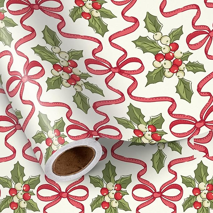 LeZakaa Christmas Wrapping Paper Roll – 17 in x 16.4 ft Gift Wrap with Red Ribbon Bows & Holly Berry Festive Design for Holiday Presents & Party Decorations