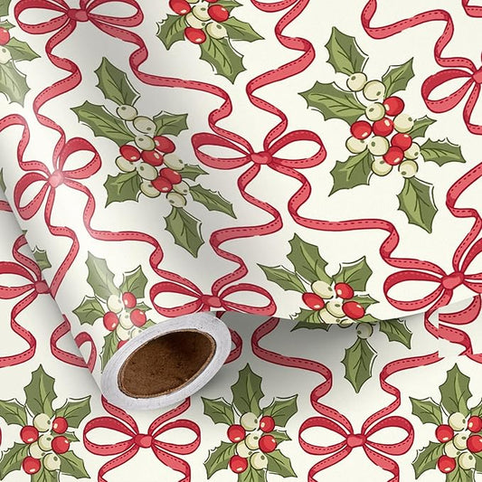 LeZakaa Christmas Wrapping Paper Roll – 17 in x 16.4 ft Gift Wrap with Red Ribbon Bows & Holly Berry Festive Design for Holiday Presents & Party Decorations
