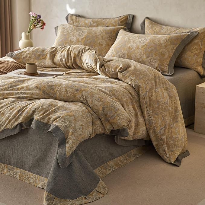 EAVD Vintage Style Yellow Floral Duvet Cover Queen Soft 100% Muslin Cotton Yarn-Dyed Jacquard Textured Bedding Set with 2 Pillowcases Linen Like Gauze Botanical Duvet Cover with Zipper Closure