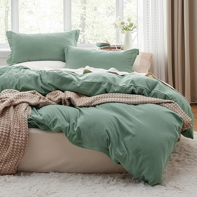 Bedsure Sage Green Duvet Cover Full Size - 3 Pieces Prewashed Extra Soft Cotton-Like Bedding Set, Includes 1 Duvet Cover 80x90 Inches with Zipper Closure & 2 Pillow Shams, Comforter Not Included