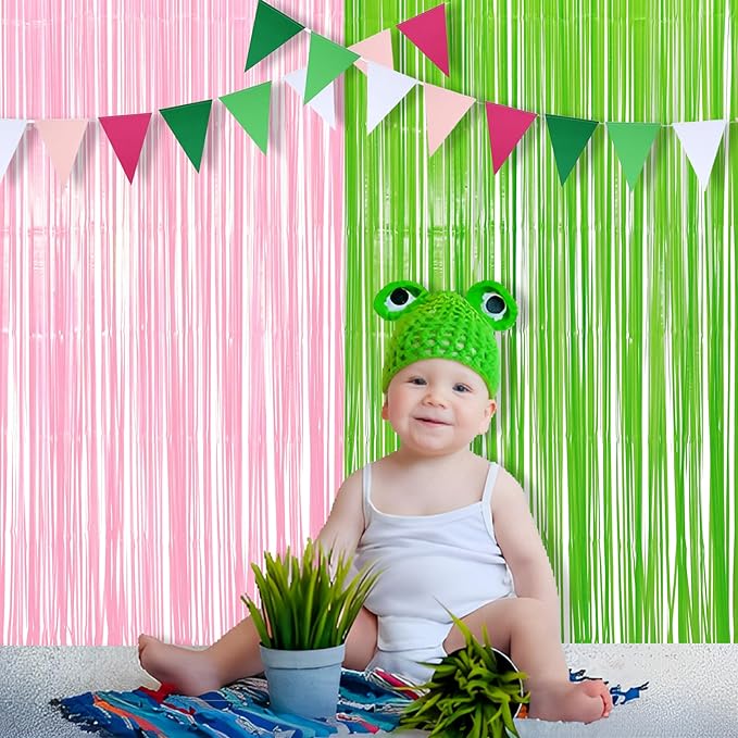BRAVESHINE Party Streamers Backdrop - 2 Pack 3.2ft X 8.2ft Tinsel Foil Fringe Curtains for Christmas/Fairy/Girl/Birthdays/Wizard/Bridal/Baby Shower/Photos Booths/Pink and Green Party Decorations