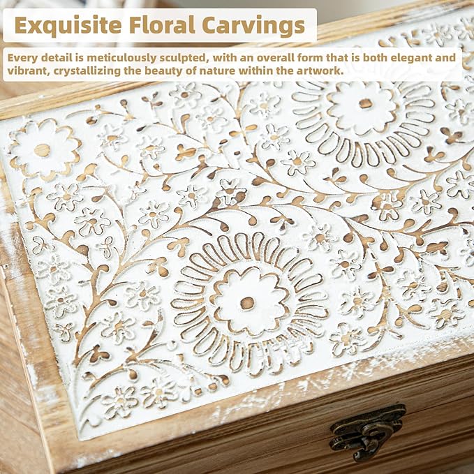 Set of 3 Wood Decorative Boxes, Rustic Farmhouse Keepsake Box Wooden Box with Hinged Lid and Floral Carved Design, Decorative Boxes for Home Decor, Brown