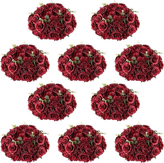 NUPTIO Flower Balls for Wedding Centrepieces - 10 Pcs 15.7 inch Diam Large Burgundy Artificial Flowers Roses Ball Fake Flower Arrangement Bouquet Faux Rose for Wedding Party Centrepiece Decorations