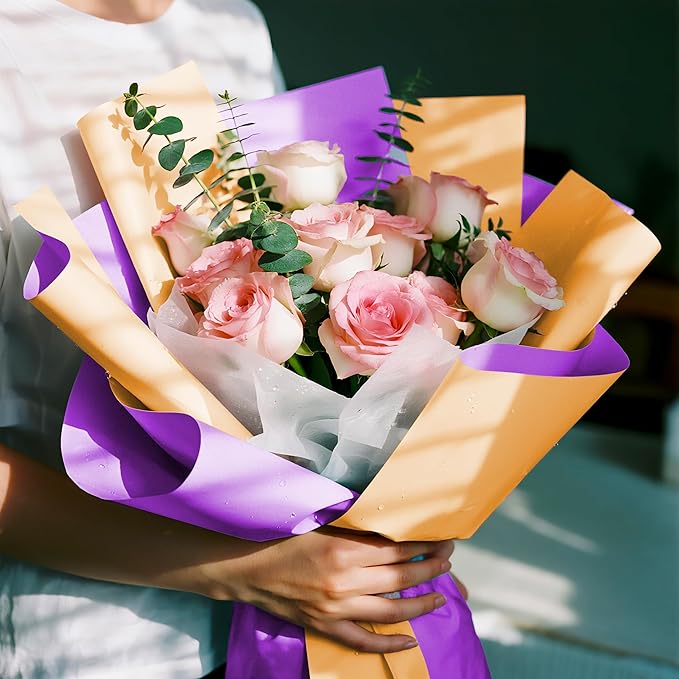 WRAPAHOLIC 20 Sheets Flower Wrapping Paper - 22.4 x 22.4 inch Yellow Purple Color Water-Resistant Floral Bouquet Wrapping Paper, Florist Supplies Packaging for Wedding Birthday Gift DIY