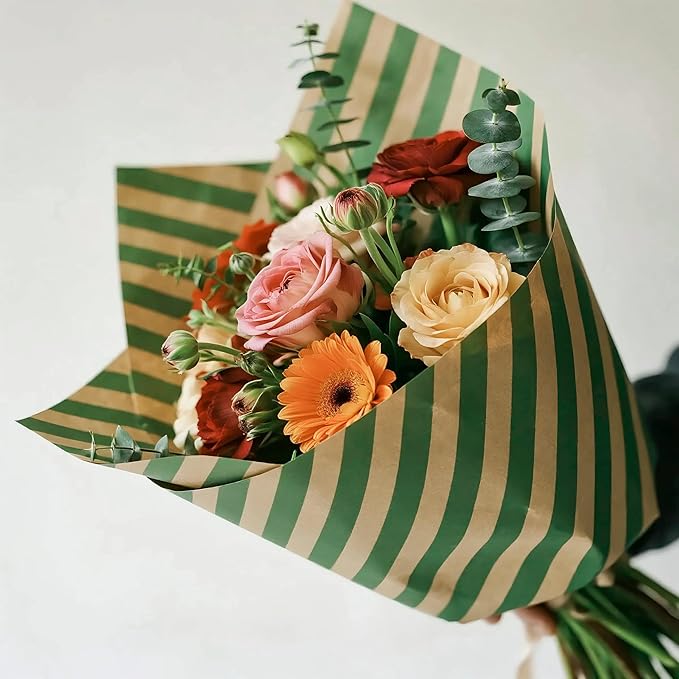 LeZakaa 20 Sheets Kraft Stripe Flower Wrapping Paper, Green Diagonal Stripes Floral Bouquet Paper for Christmas, Valentines, Mothers Day, Party, Birthday, Wedding, Baby Shower