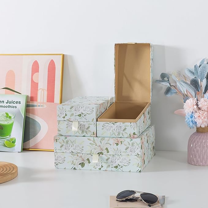 Soul & Lane Pastel Floral Decorative Boxes with Hinged Lids and Muted Ribbon Pull - Pastel Petals, Set of 3 (One Large and Two Medium Boxes), Cardboard Storage for Photos, Documents, Keepsakes