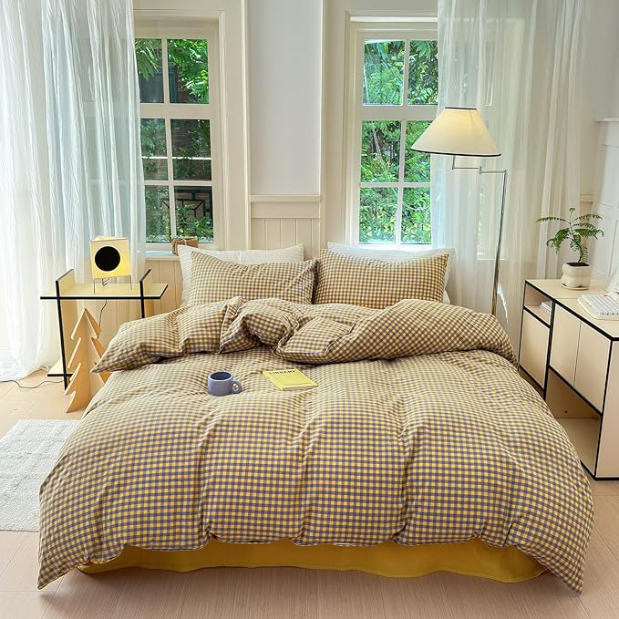 LifeTB Gingham Comforter Set Twin XL Modern Style Purple Yellow Plaid Comforter Set 3 Pieces Soft Fluffy Grid Checkered Pattern Comforter with 2 Pillowcases Farmhouse Gingham Bedding Set Twin XL