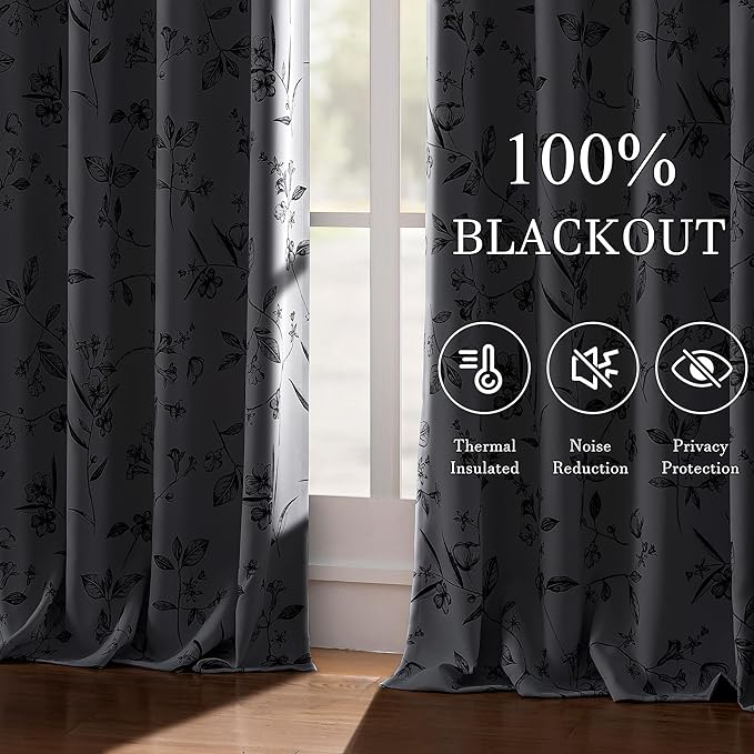 ChrisDowa 100% Blackout Floral Curtains 63 Inches Long 2 Panels for Bedroom Living Room Black Flower Patterned Room Darkening Thermal Insulated Soundproof Grommet Window Treatments Drapes,52X63