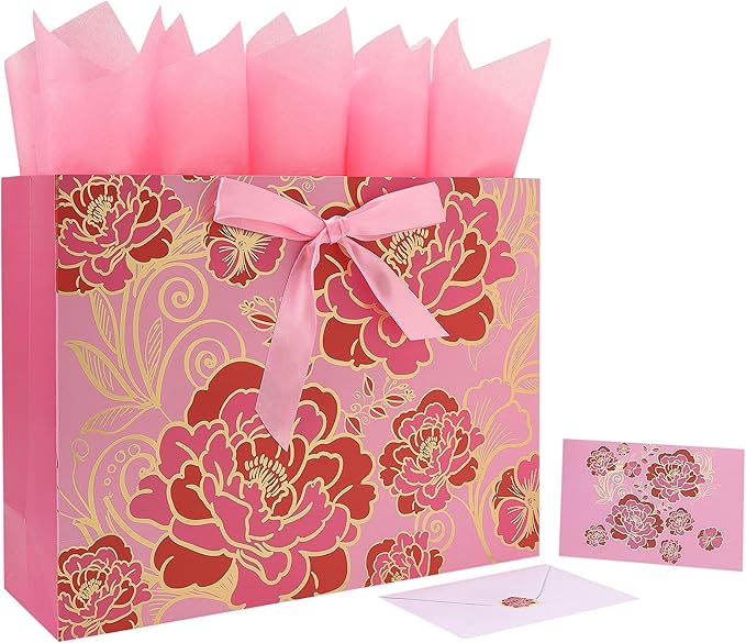 16.5" Extra Large Rose Pink Gift Bag Set with Greeting Card and Tissue Paper(Foil Traced Flowers) for Celebrating Birthdays, Mother's Day, Weddings, Anniversary, Valentine's Day - 16.5”x5.5”x12.6”, 1 Pcs.