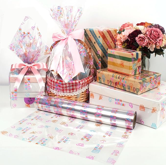 JOYIT Happy Birthday Cellophane Wrap Roll (35'' Wide X 100 FT Long) - 3 Mil Thick Clear Cellophane Roll, Birthday Cellophane Bags Large, Wrapping Paper for Flower Gift Baskets Wrap (35" fold into 17.5")