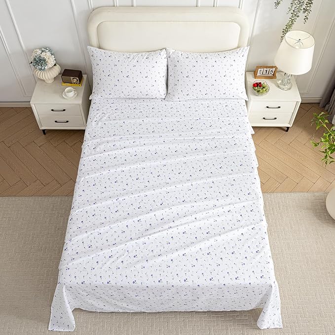 Softan Floral Queen Sheet Set Purple Flower Bed Sheets Printed Queen Size - 4 Piece Microfiber Patterned Fitted Sheets with 15" Deep Pocket, Spring Flower Sheets and Pillowcase Set