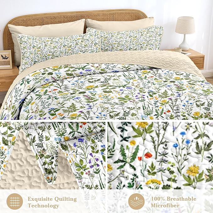 Quilt Set Twin Size, Garden Floral 2 Pcs Soft Bed Cover Bedding Set, Country Rustic Farmhouse Lightweight Bedspread Coverlet with Pillow Sham for All Season